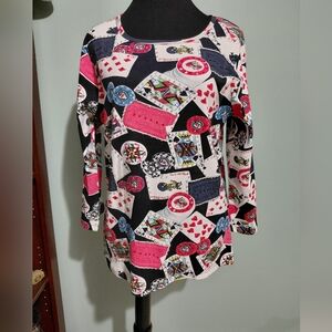 Vintage Colorful Playing Card Print Long Sleeve Top